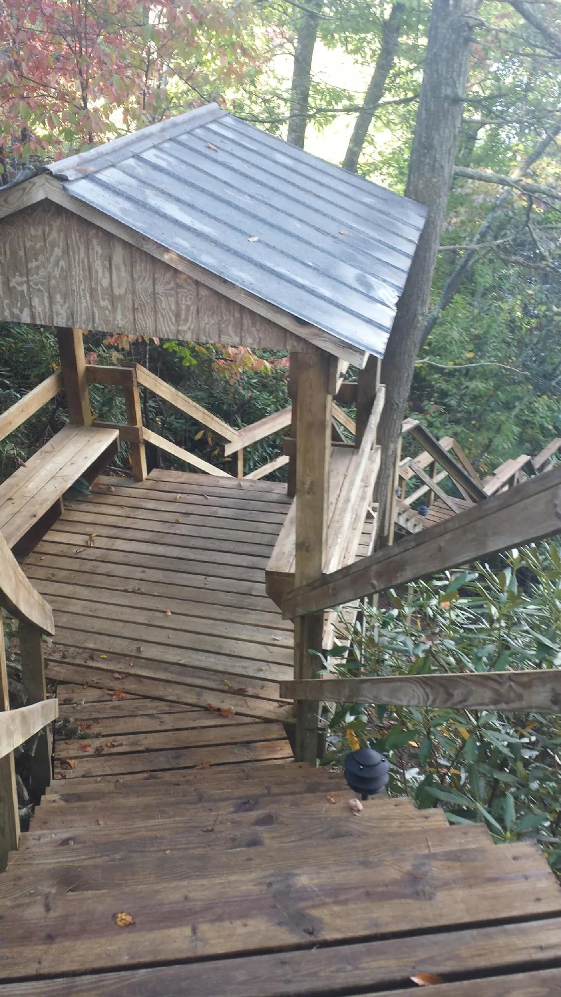 Metal roofed shelter over wooden steps on a wooded walkway — Skylight Repair & Installation work by our crew in Waelder
